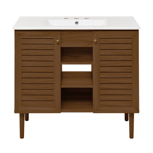 Bron 36" Freestanding Bathroom Vanity in Brown Oak with 3-Hole Widespread Sink Top