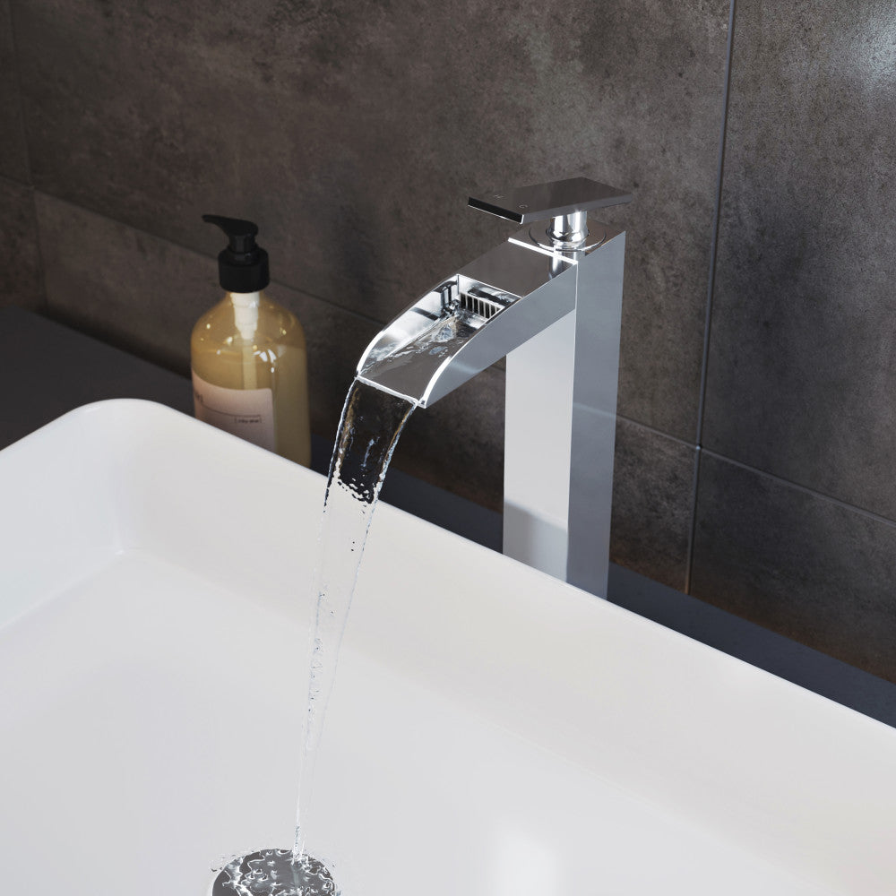 Single-handle high arc waterfall bathroom faucet in chrome, Concorde collection.