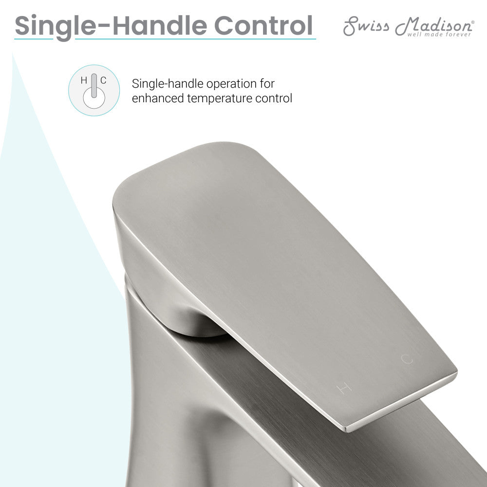 Single-handle bathroom faucet in brushed nickel, sleek modern design.