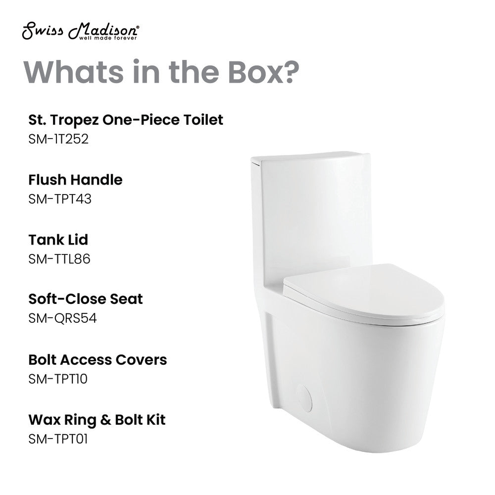 Elongated one-piece toilet with right side flush and soft-close seat, 1.28 gallons per flush.