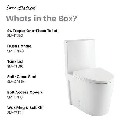 Elongated one-piece toilet with right side flush and soft-close seat, 1.28 gallons per flush.