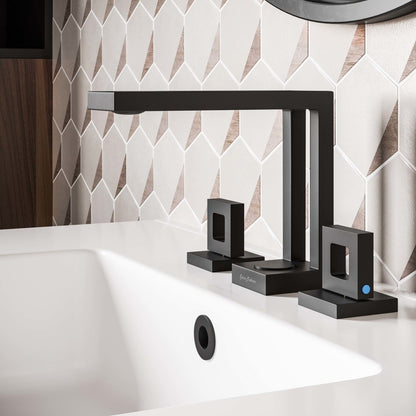 Widespread bathroom faucet in matte black with double square handles and right-angled spout.