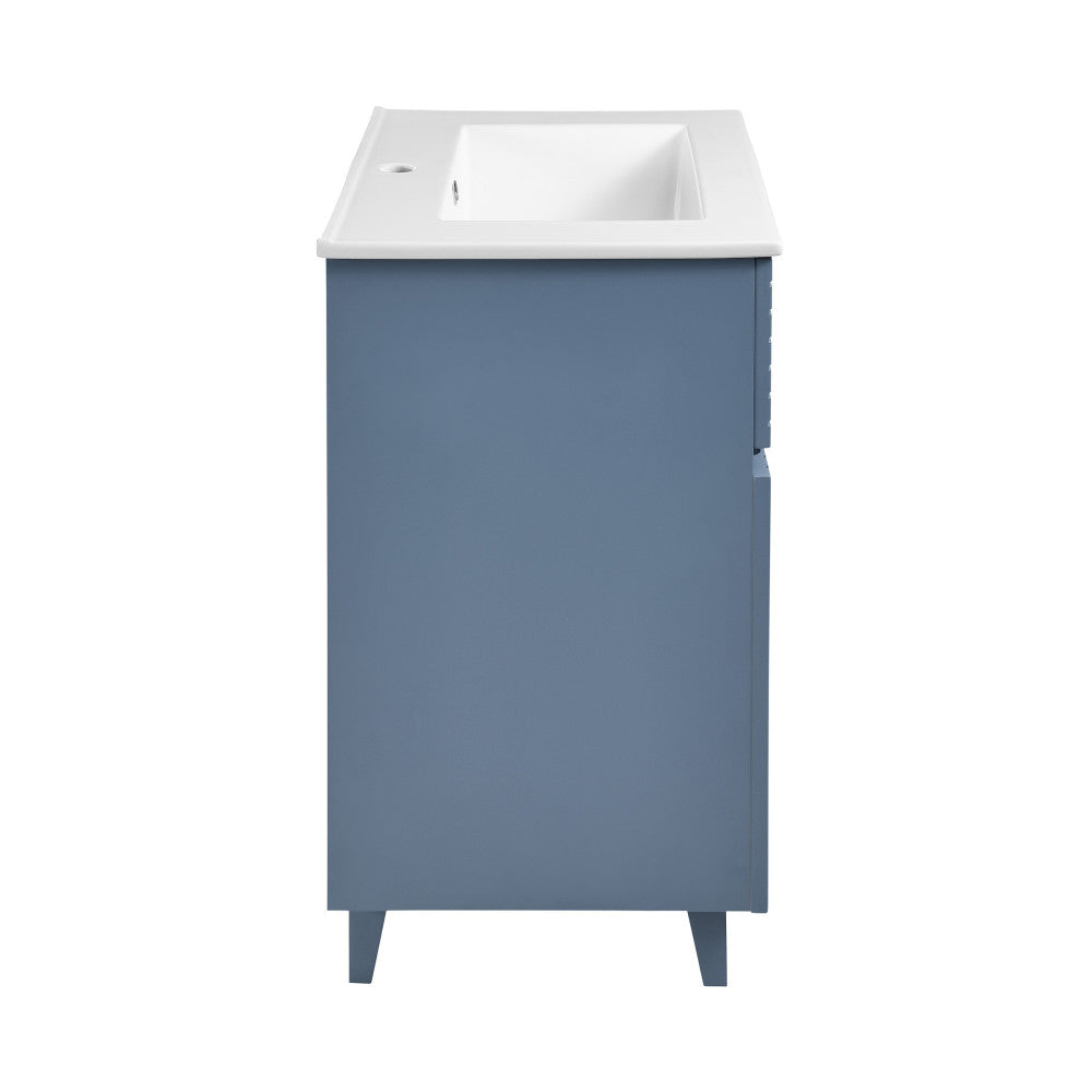24-inch freestanding bathroom vanity in blue heather with white sink top and clean lines.