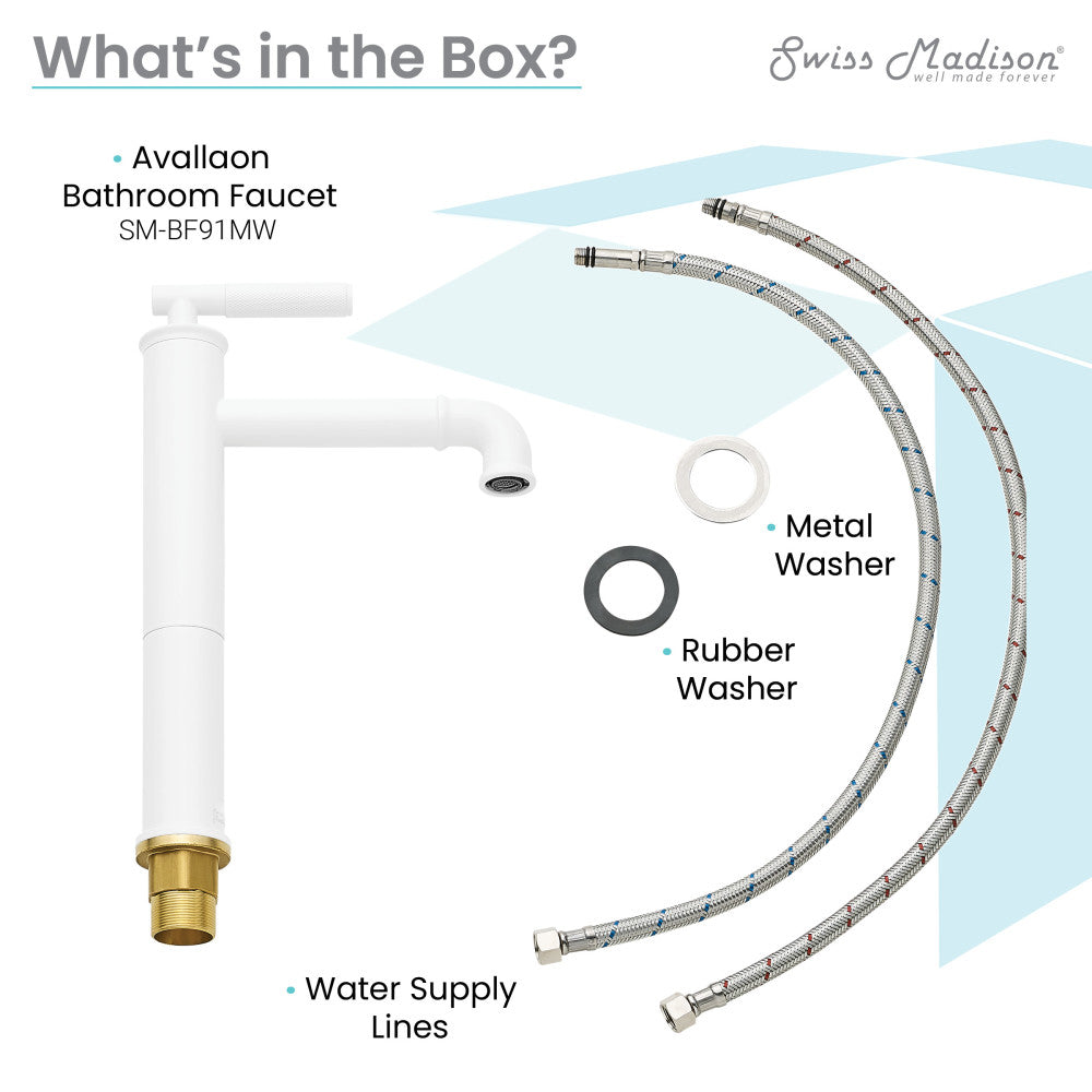 Single-handle high arc bathroom faucet in matte white with water supply lines and washers included.