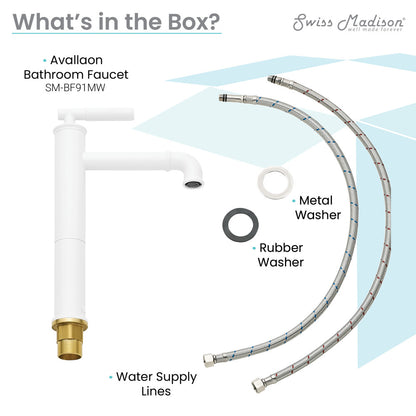 Single-handle high arc bathroom faucet in matte white with water supply lines and washers included.