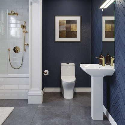 Round compact one-piece toilet in glossy white with dual top flush button.