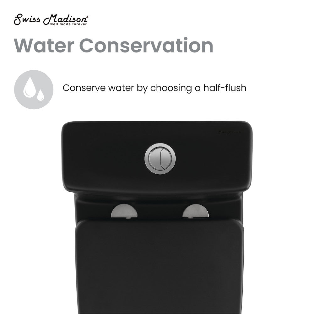 Round one-piece compact toilet, dual top flush, matte black finish, soft-close seat.