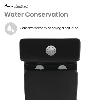 Round one-piece compact toilet, dual top flush, matte black finish, soft-close seat.