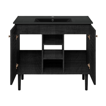 Bron 36" Freestanding Bathroom Vanity in Black Oak with Black Sink Top