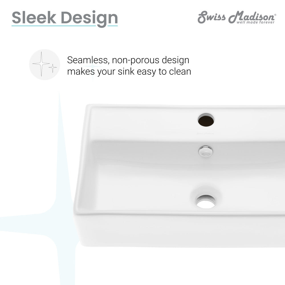 22" white wall-mount rectangular bathroom sink with single faucet hole and overflow drain.