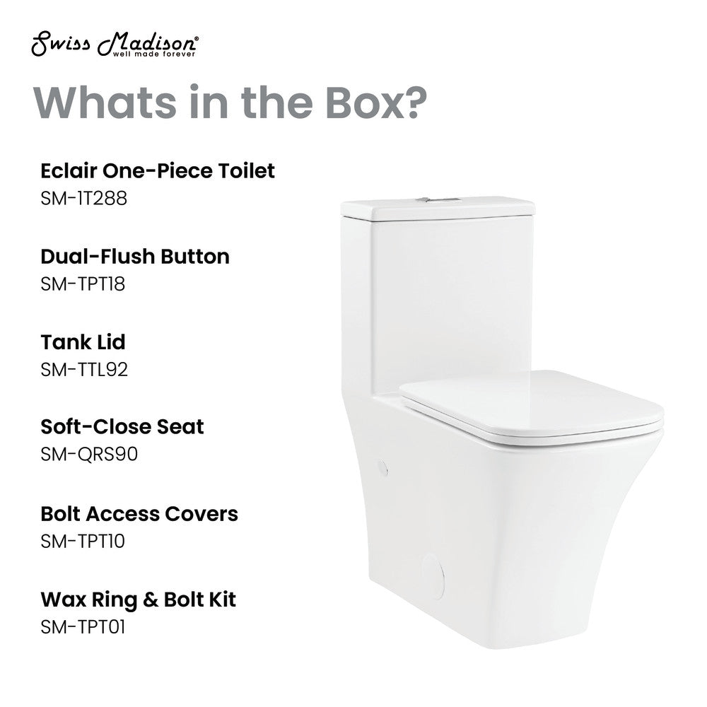 Elongated one-piece toilet in white with dual-flush button and soft-close seat.