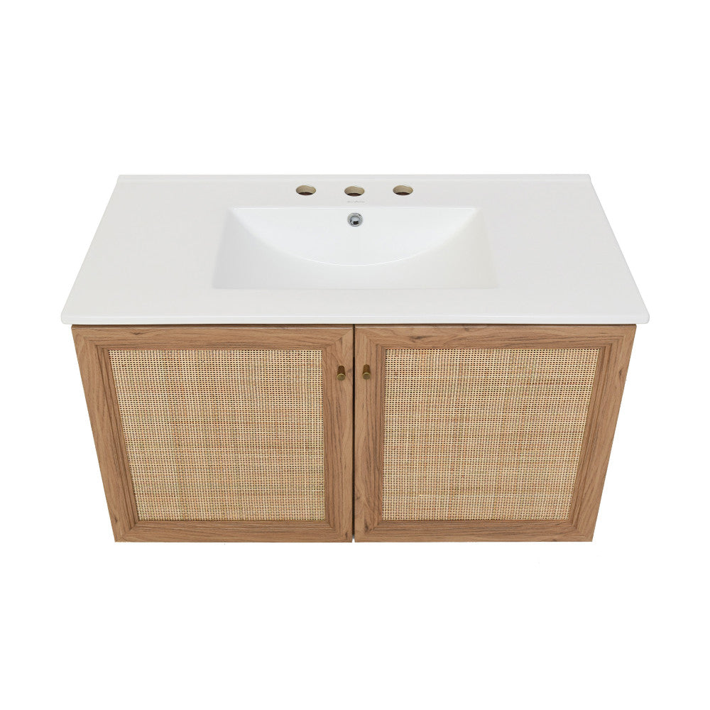 Classe 36 in. Brown Oak Wall Hung Bathroom Vanity With White, 3-Hole Ceramic Sink Top