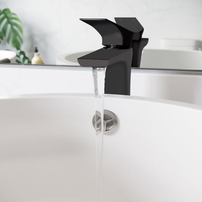 Single-handle high arc bathroom faucet in matte black, single hole installation.
