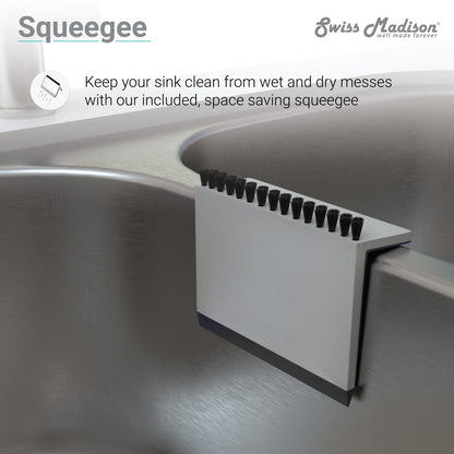 Stainless steel dual basin undermount kitchen sink with included space-saving squeegee.