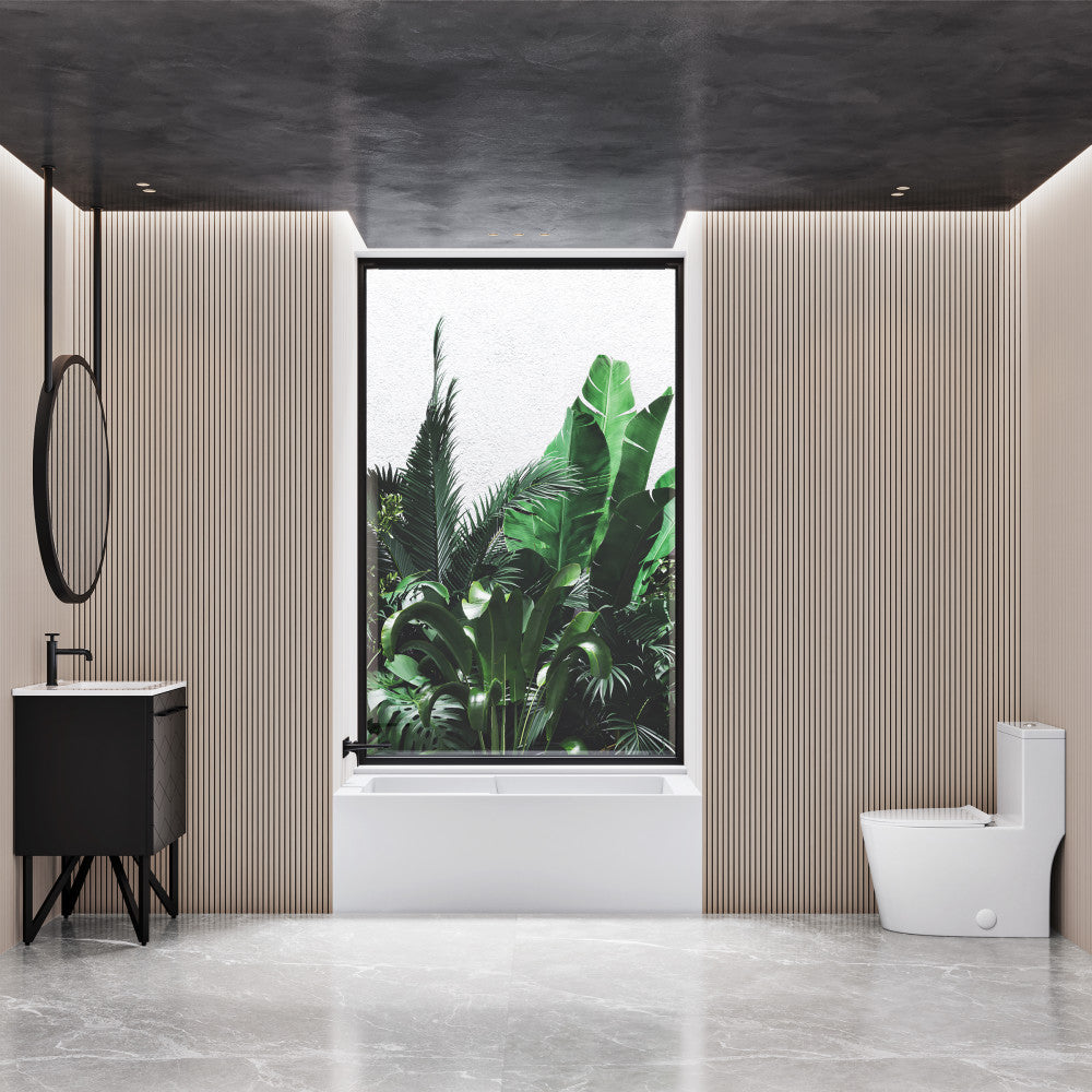 Elongated one-piece toilet with skirted trapway, white ceramic, modern design.
