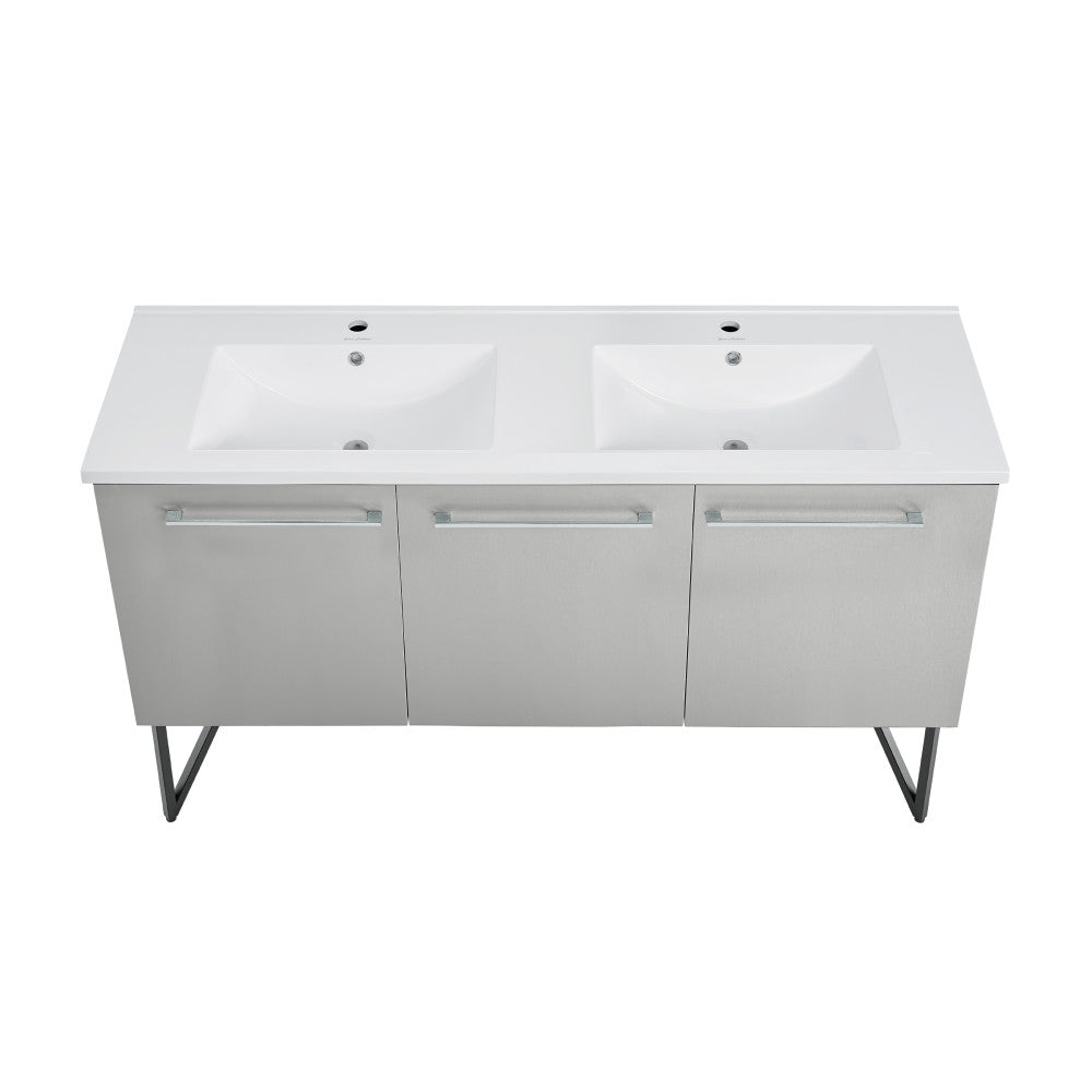 60-inch freestanding bathroom vanity in gray with double sink top and soft-close doors.