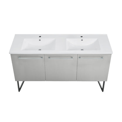 60-inch freestanding bathroom vanity in gray with double sink top and soft-close doors.