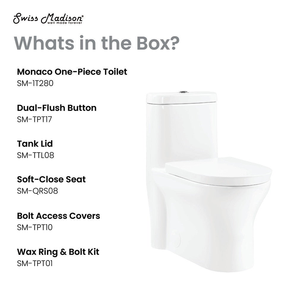 Elongated one-piece toilet with dual flush, 10" rough-in, soft-close seat, white ceramic finish.