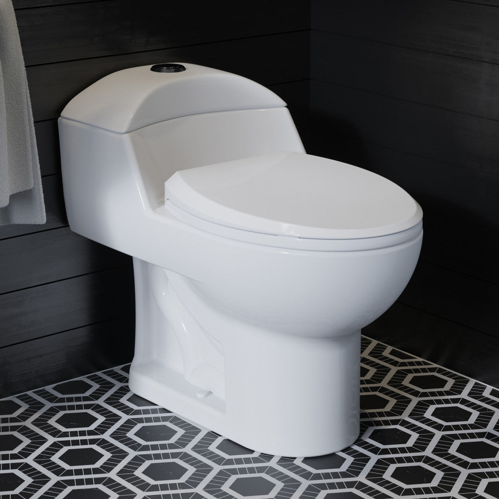 Elongated one-piece toilet with dual flush, white ceramic, black hardware, modern design.