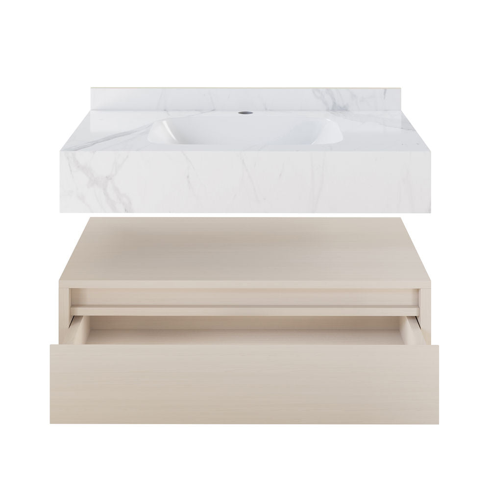 Avancer 36" Wall-Mounted Bathroom Vanity in White Oak with White Marble Sink Top