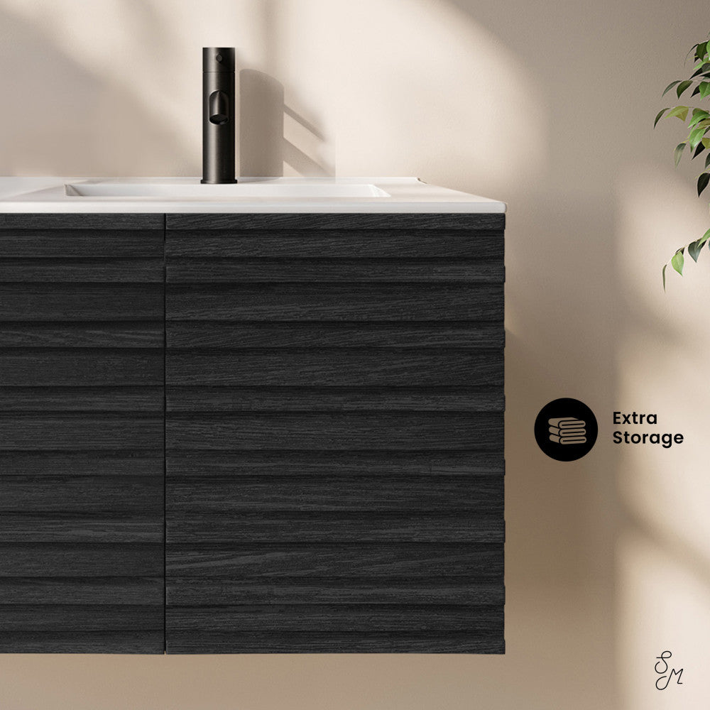 Cascade 48" Wall-Mounted Bathroom Vanity in Black Oak with Double Basin Sink Top