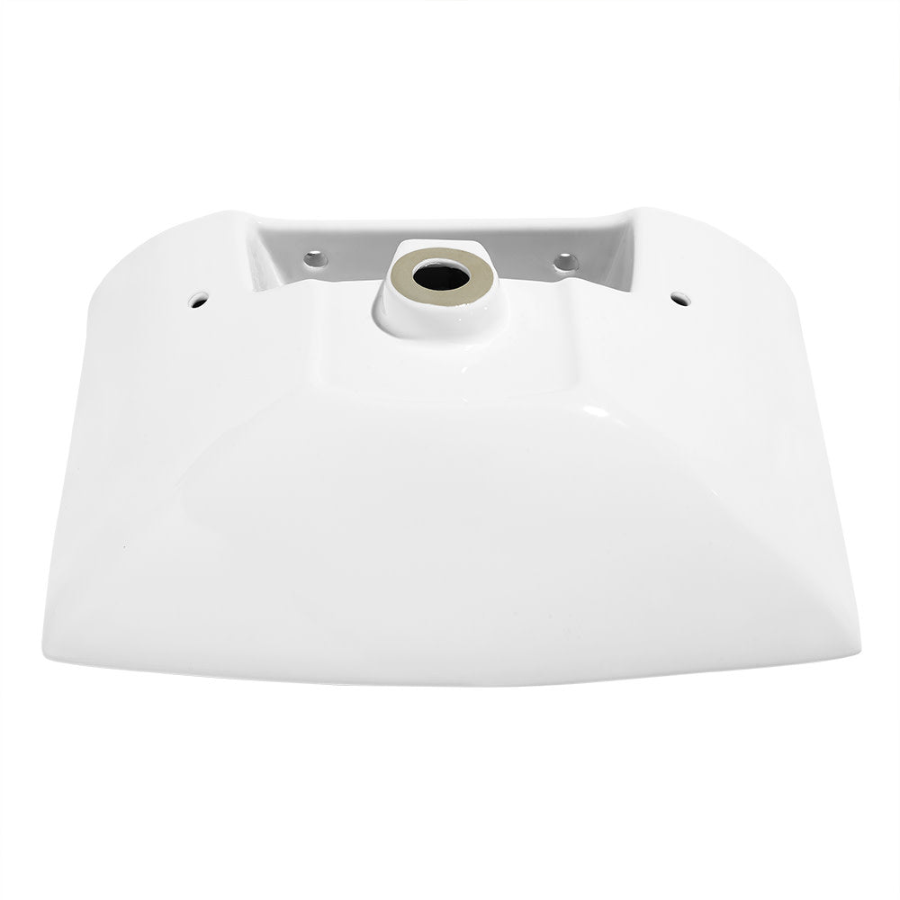 Glossy white ceramic rectangular pedestal sink basin with faucet holes and drain opening.