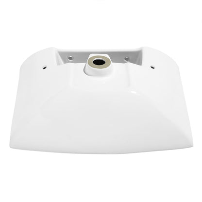 Glossy white ceramic rectangular pedestal sink basin with faucet holes and drain opening.