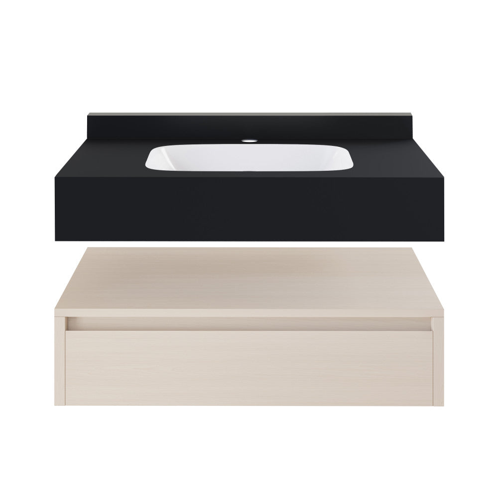 Avancer 36" Wall-Mounted Bathroom Vanity in White Oak with Black Marble Sink Top