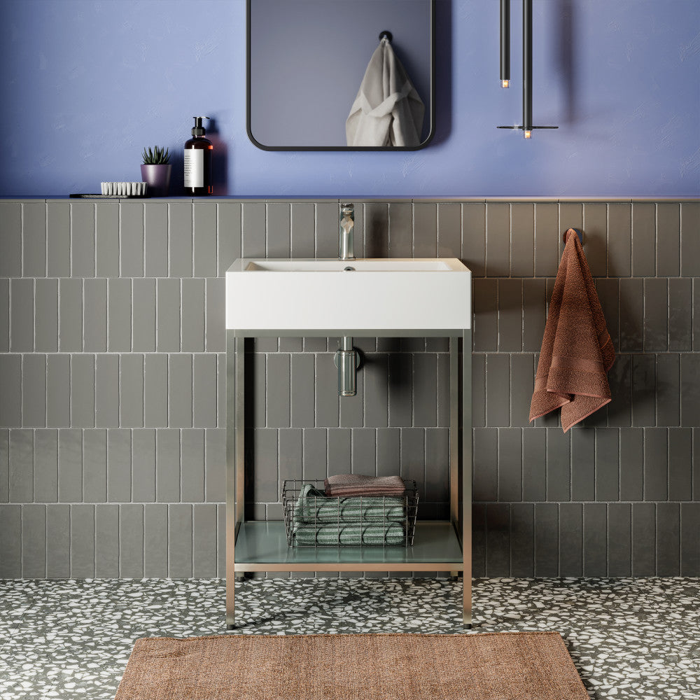 24-inch freestanding bathroom vanity with open chrome metal frame shelf, white rectangular basin, minimalist design.