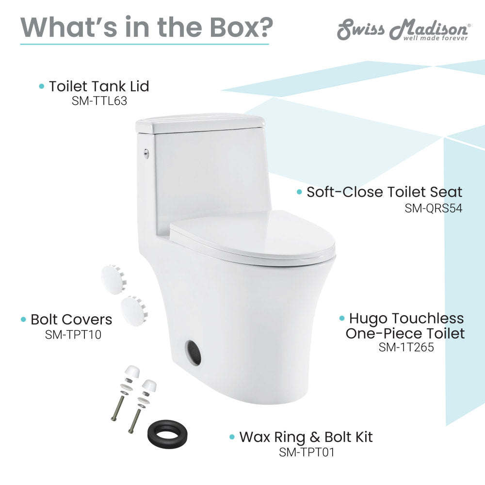 Elongated one-piece toilet with dual-flush and touchless operation, soft-close seat, white ceramic finish.