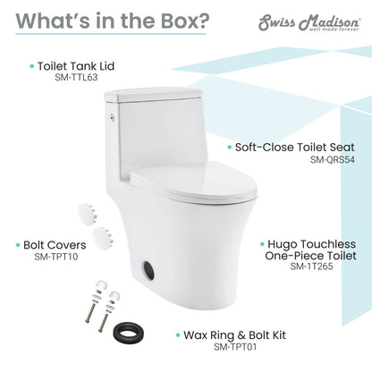 Elongated one-piece toilet with dual-flush and touchless operation, soft-close seat, white ceramic finish.