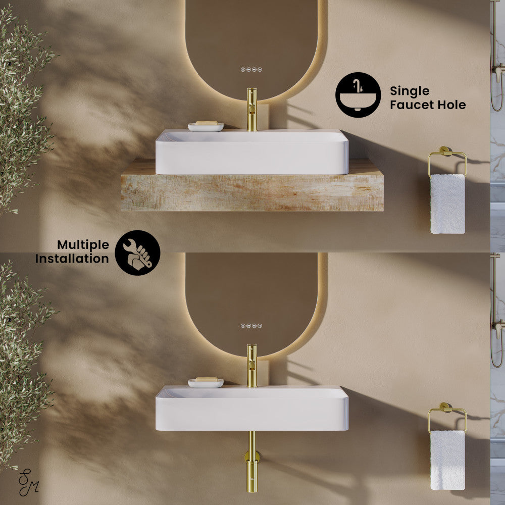 Glossy white rectangular 32" vessel sink with single faucet hole for countertop installation.