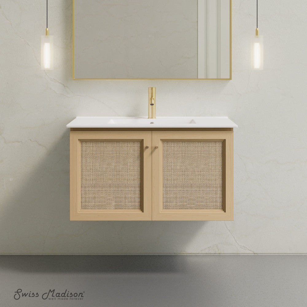 Classe 36" Wall-Mounted Bathroom Vanity in Natural Oak with Single Faucet Hole Vanity Top
