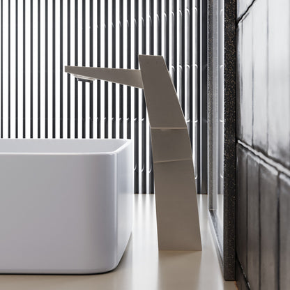 Single-handle high arc bathroom faucet in brushed nickel with a sleek modern design.