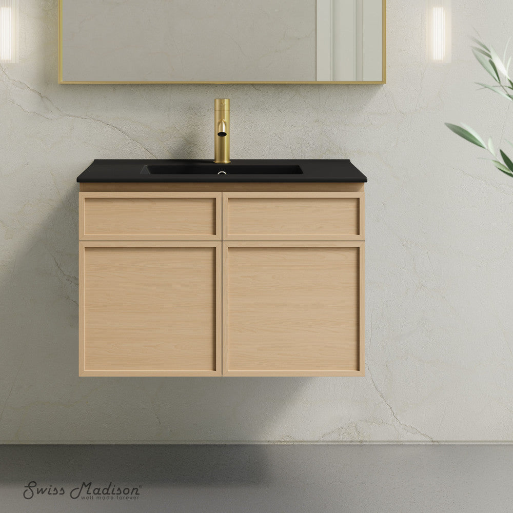 St. Tropez 30" Wall-Mounted Bathroom Vanity in Natural Oak with Black Sink Top