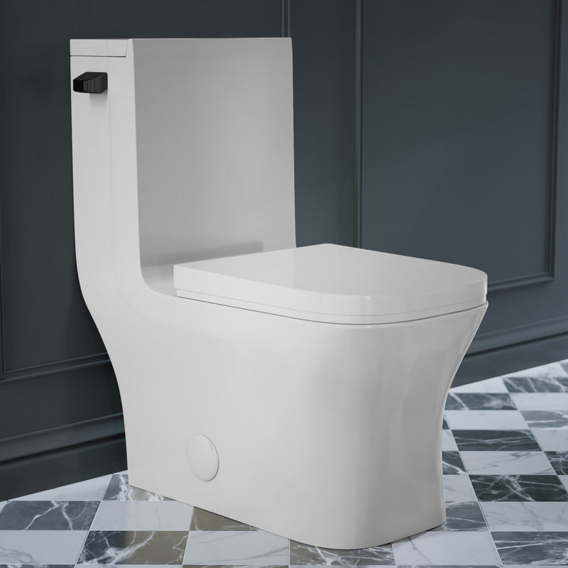 Concorde One-Piece 12" Rough-in 1.28 GPF Left-Hand Flush Square Toilet in Glossy White with Black Hardware