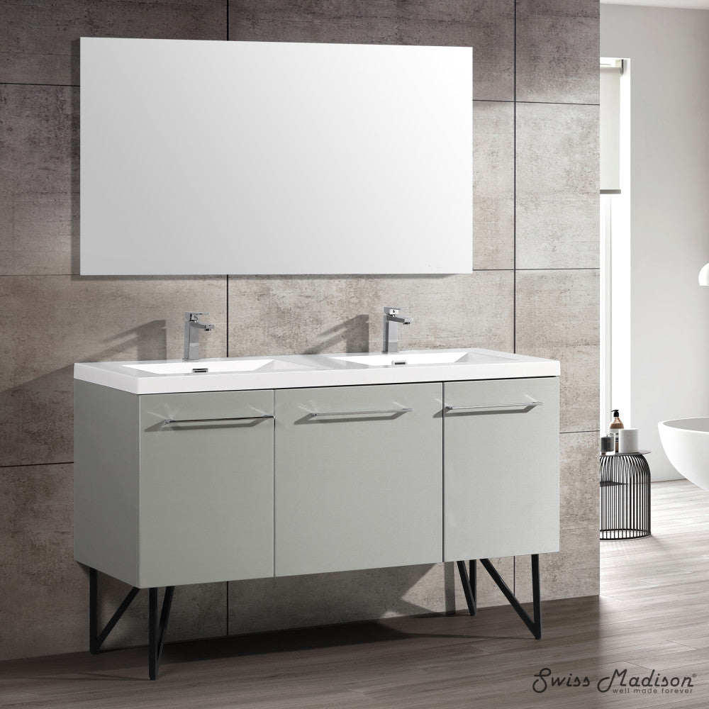 60-inch freestanding gray bathroom vanity with double sink and soft-close doors.