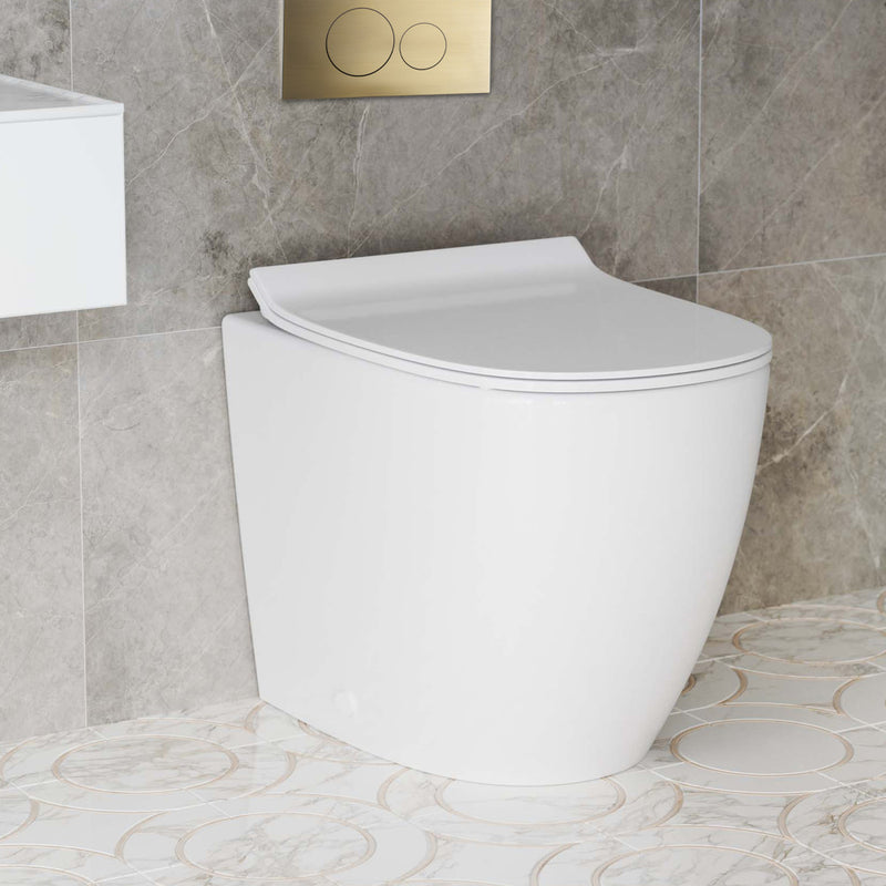 St. Tropez Back-to-Wall Toilet Bundle 0.8/1.6 GPF Dual Flush in Glossy White with Brass Flush Plate