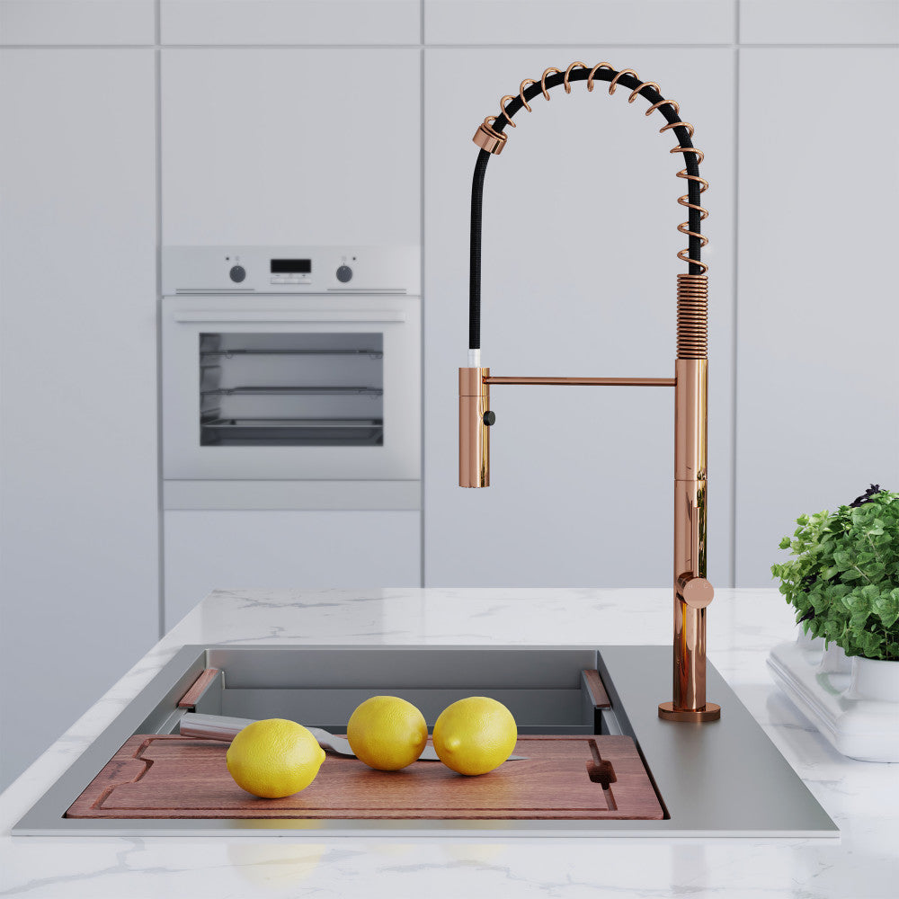 Pull-down kitchen faucet in rose gold, single handle, high-arc spring spout with modern design.