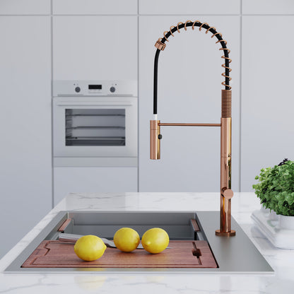 Pull-down kitchen faucet in rose gold, single handle, high-arc spring spout with modern design.