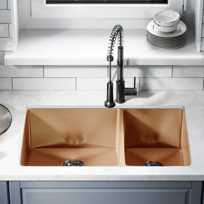 33 x 20 inch undermount dual basin kitchen sink in rose gold stainless steel.