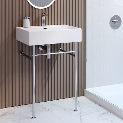 24" rectangular console sink with single-handle faucet, chrome legs, and exposed P-trap.