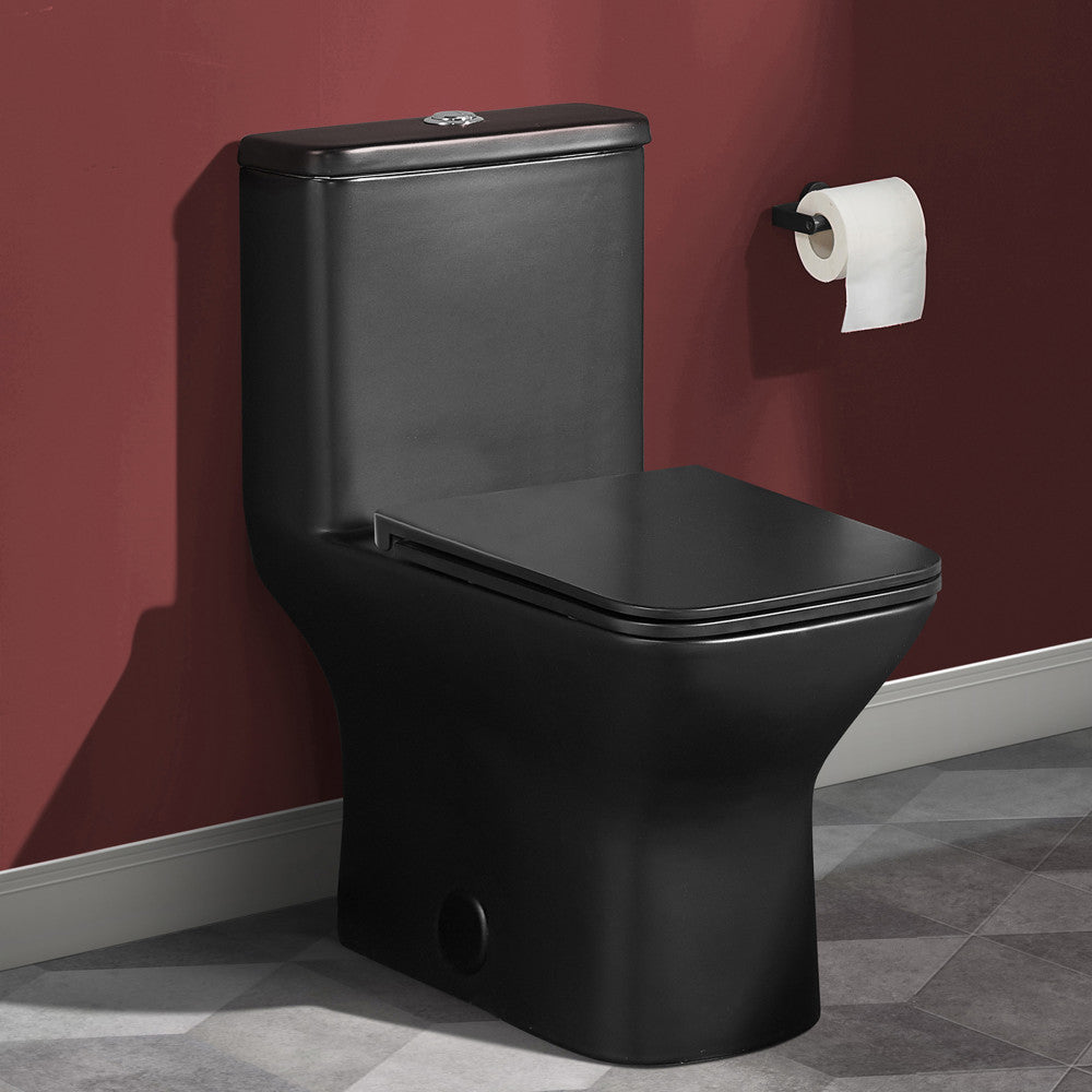 Elongated one-piece toilet in matte black, dual-flush, compact design with soft-close seat.