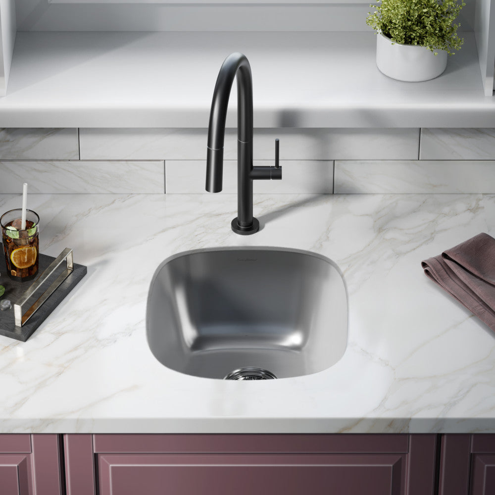 16 x 18 stainless steel single basin undermount kitchen sink with brushed finish and rounded corners.