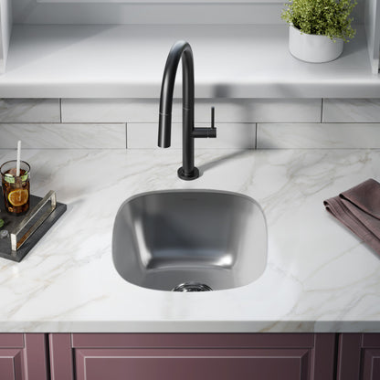 16 x 18 stainless steel single basin undermount kitchen sink with brushed finish and rounded corners.
