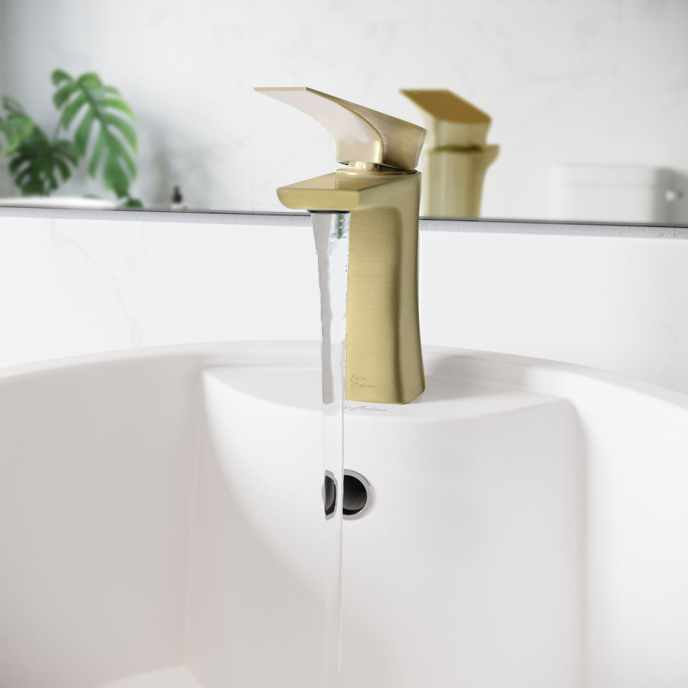 Single-handle bathroom faucet in brushed gold, Monaco collection, with sleek modern design.