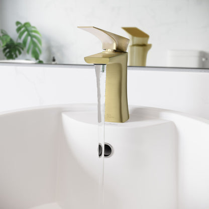 Single-handle bathroom faucet in brushed gold, Monaco collection, with sleek modern design.