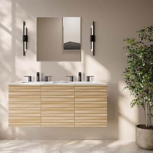 Cascade 48" Wall-Mounted Bathroom Vanity in Natural Oak with 3-Hole Widespread Double Basin Sink Top