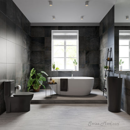 Elongated one-piece toilet in matte black, dual-flush, modern bathroom setting with freestanding tub and dark tile walls.