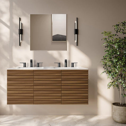 Cascade 48" Wall-Mounted Bathroom Vanity in Brown Oak with 3-Hole Widespread Double Basin Sink Top
